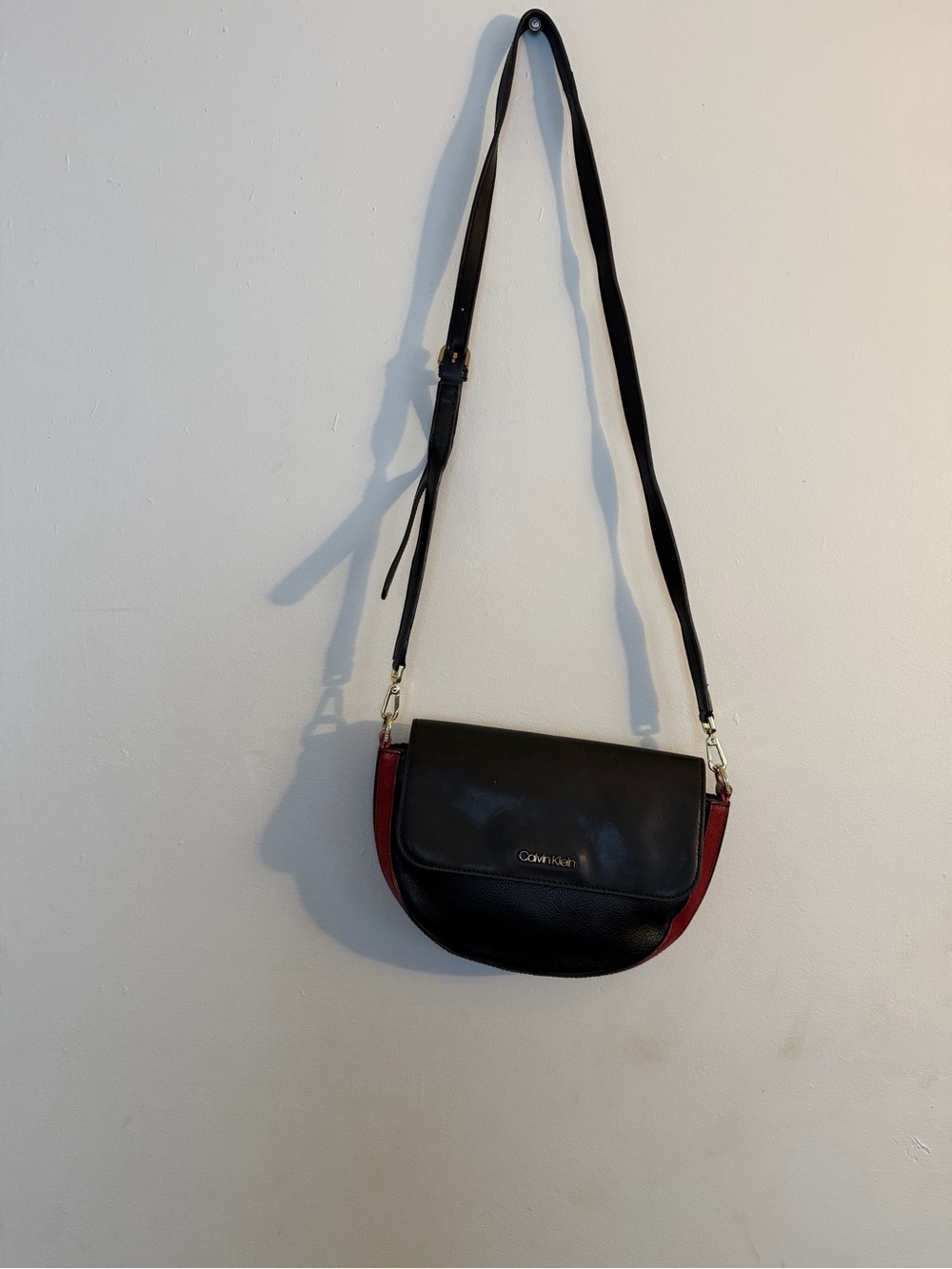 Calvin Klein Black with Burgundy Accent Leather Crossbody
